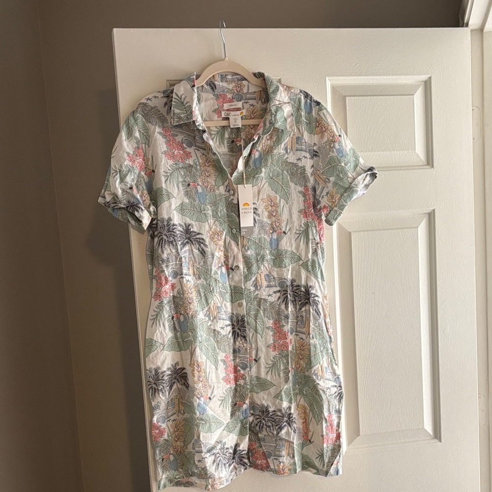 C&C California Cream Linen Shirt Dress with Green & Coral Botanical Print
